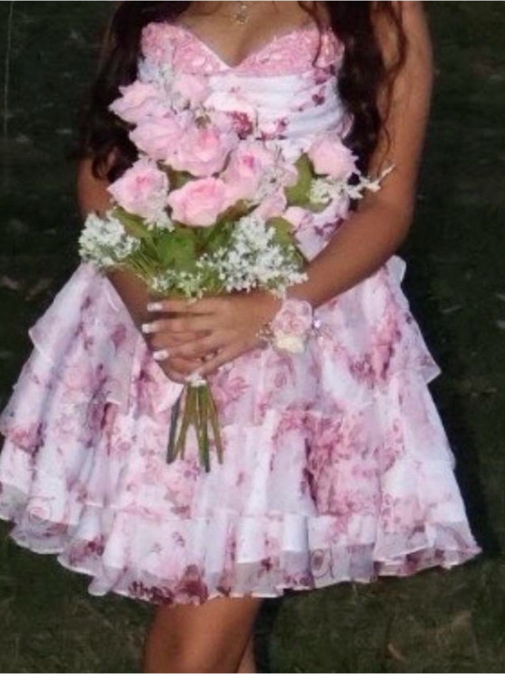 Pink Floral Strapless Party Dress with Ruffled Skirt